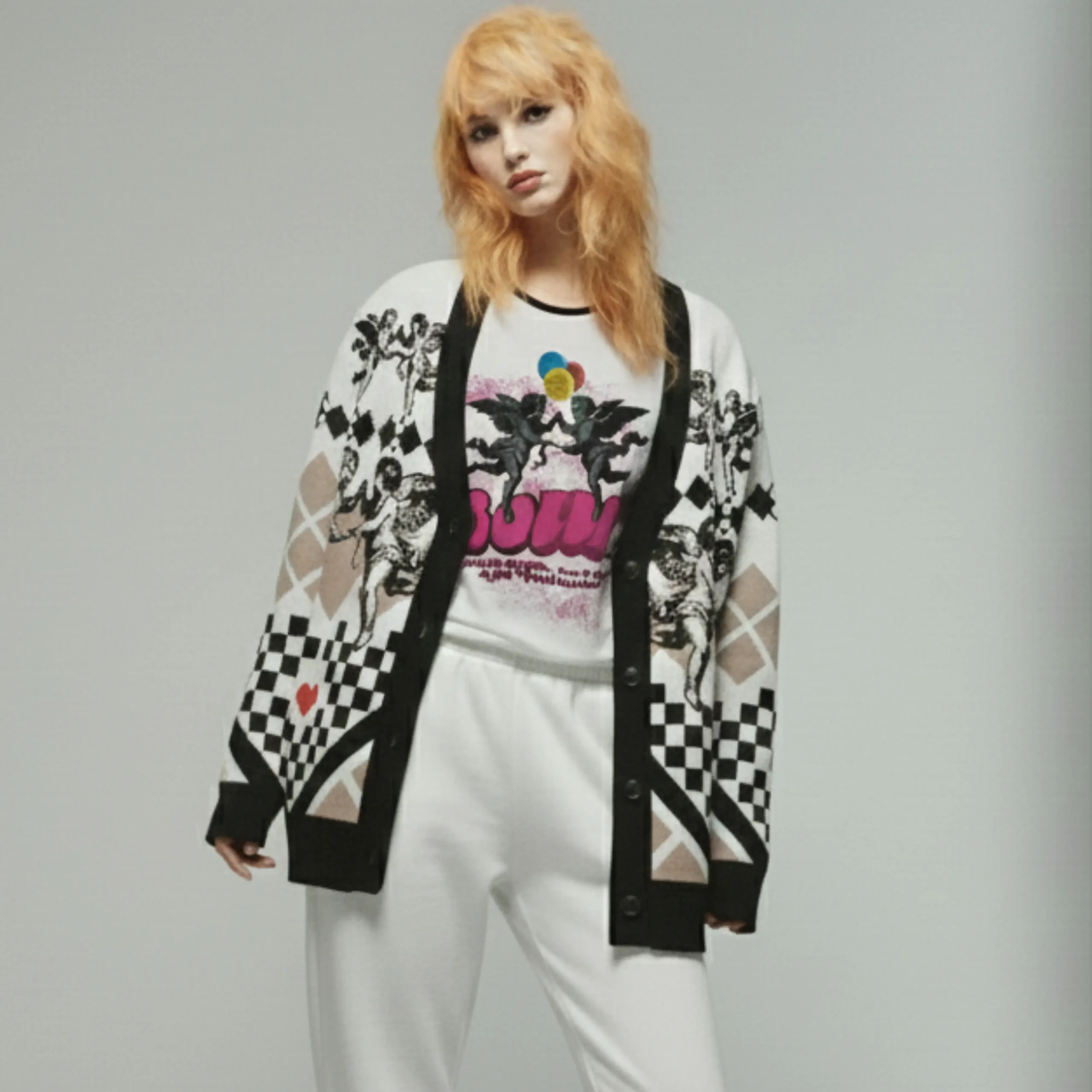 Women's jacquard cardigan with angels and hearts motif, glam streetwear style