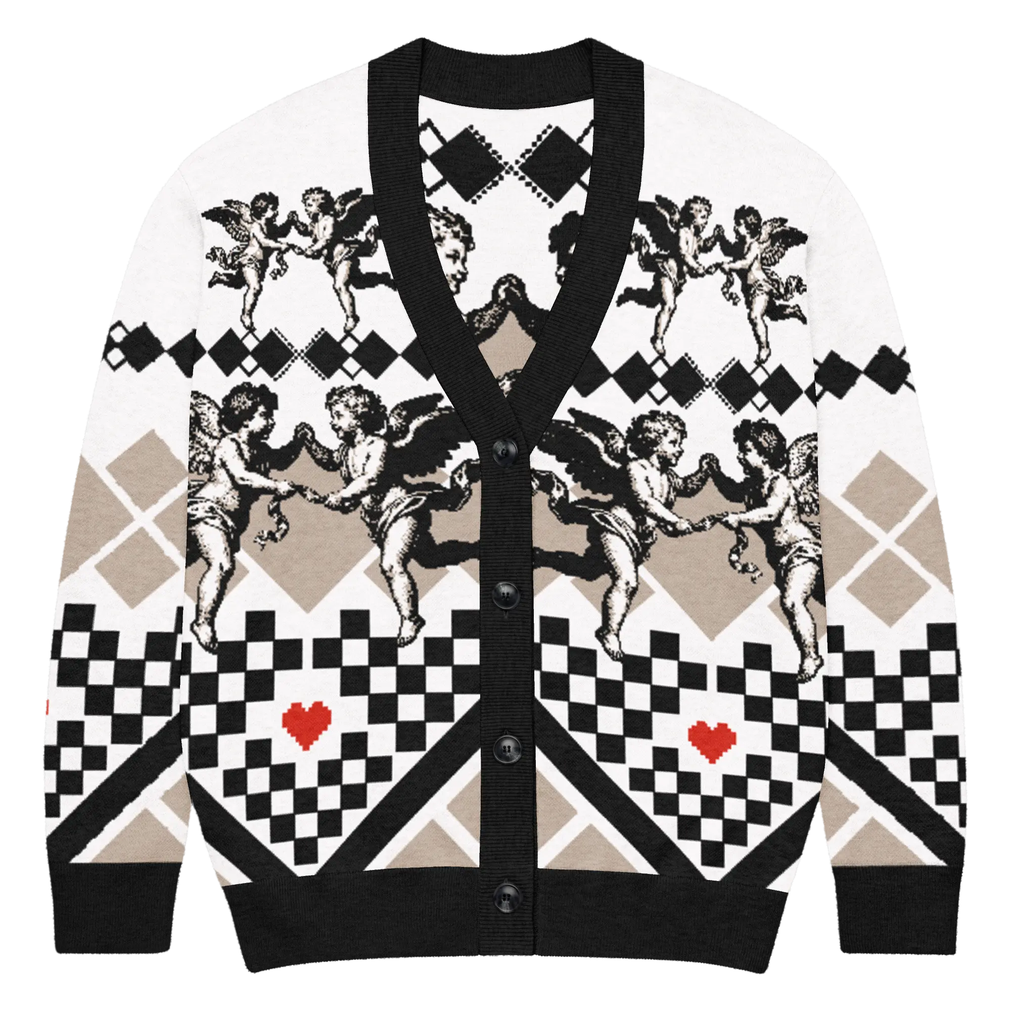 Women's jacquard cardigan with angels and hearts motif, glam streetwear style