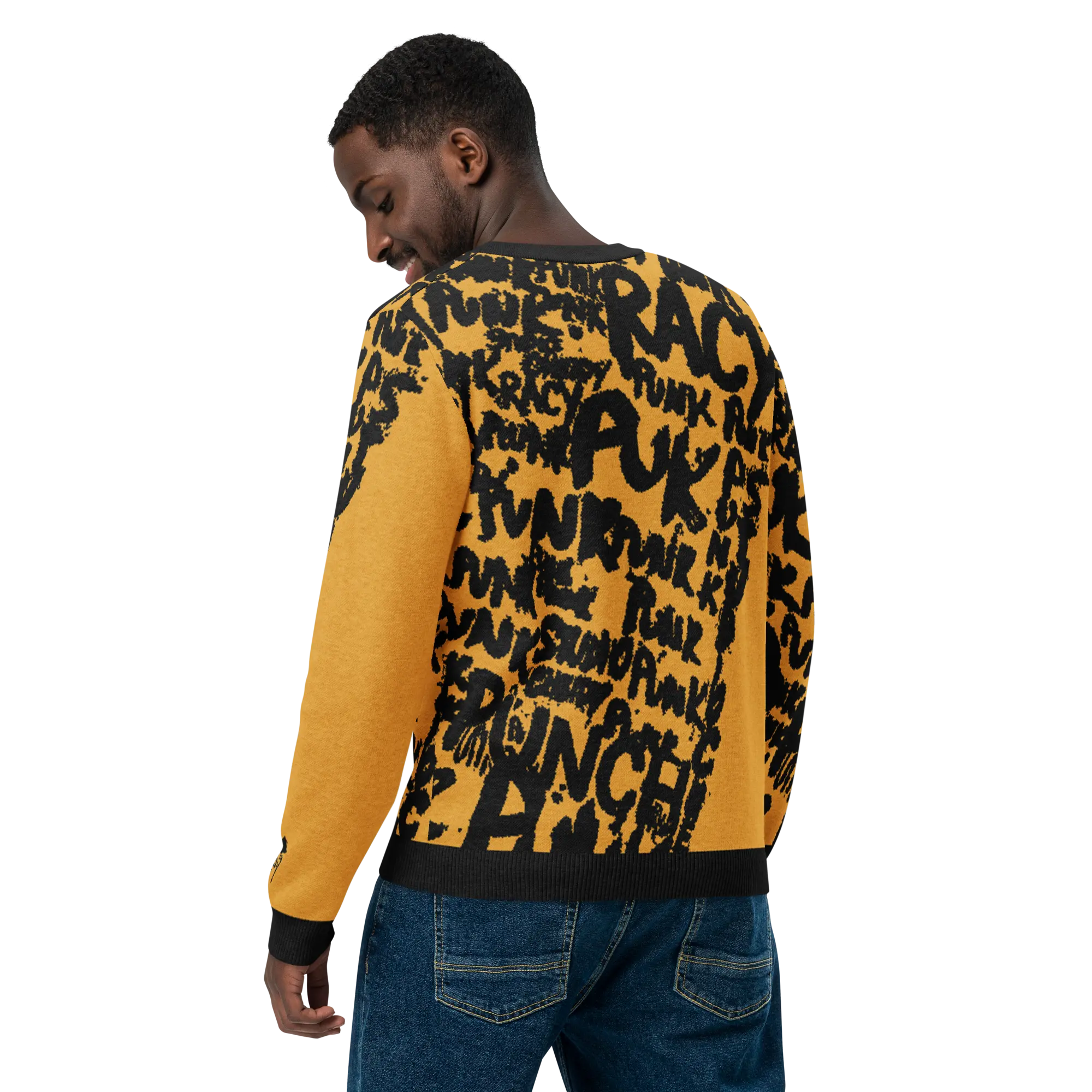 Men’s streetwear sweater yellow with street-punk lettering and overlapping angel graphics, artistic and original design