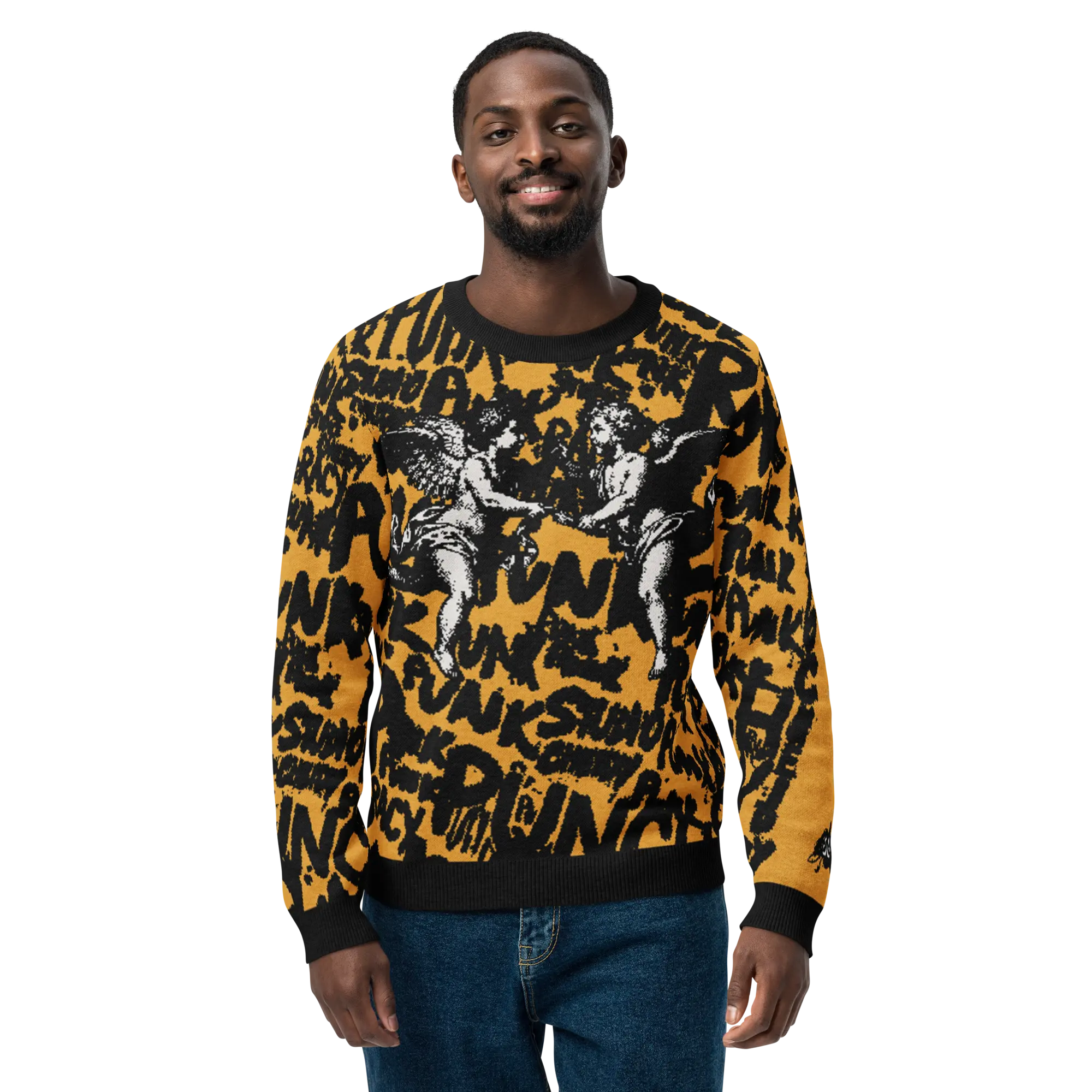 Men’s streetwear sweater yellowwith street-punk lettering and overlapping angel graphics, artistic and original design