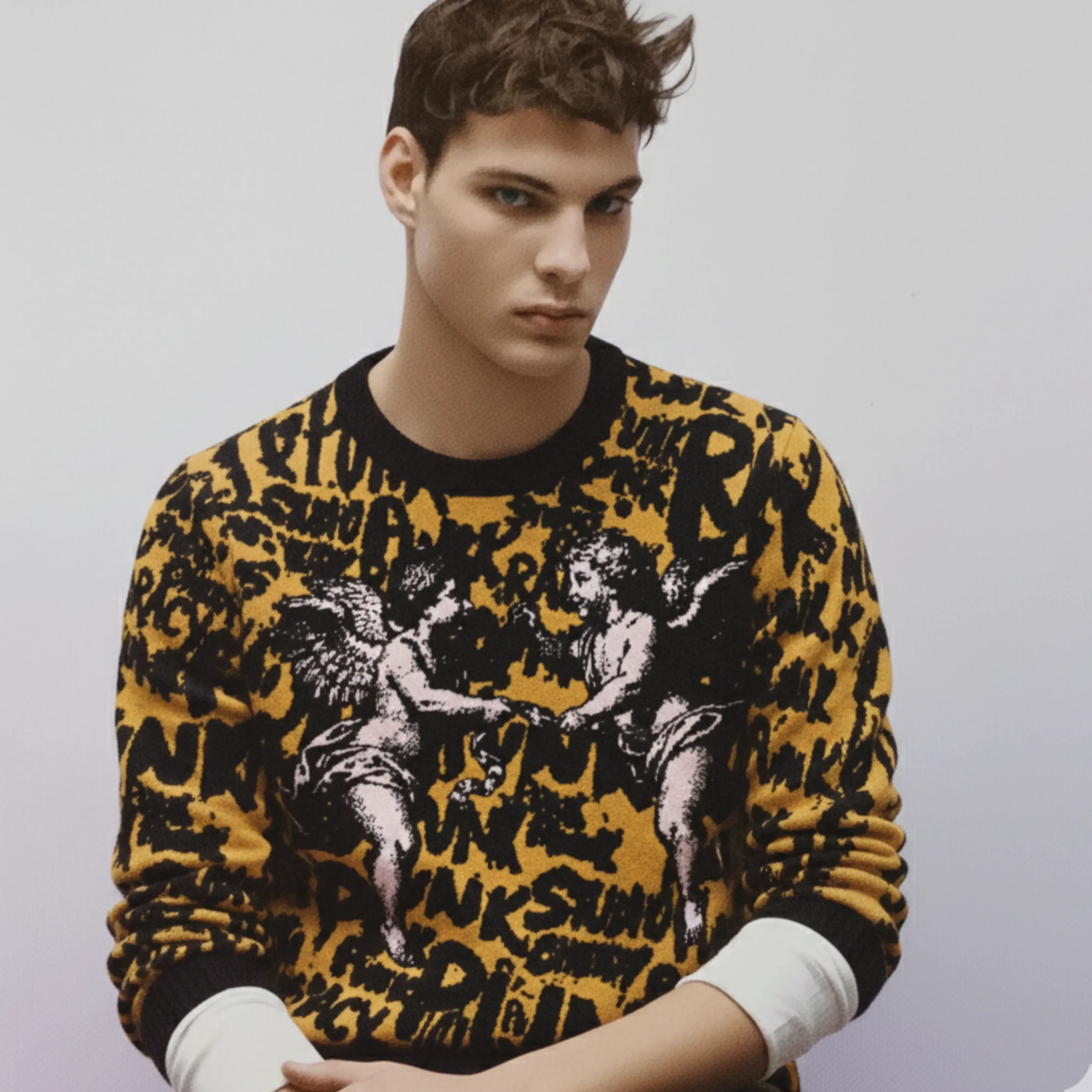 Men’s streetwear sweater with street-punk lettering and overlapping angel graphics, artistic and original design