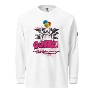 Men's streetwear long sleeve T-shirt featuring pop-style angel graphics, balloon elements, and BOUM lettering; a vibrant, party-inspired design.