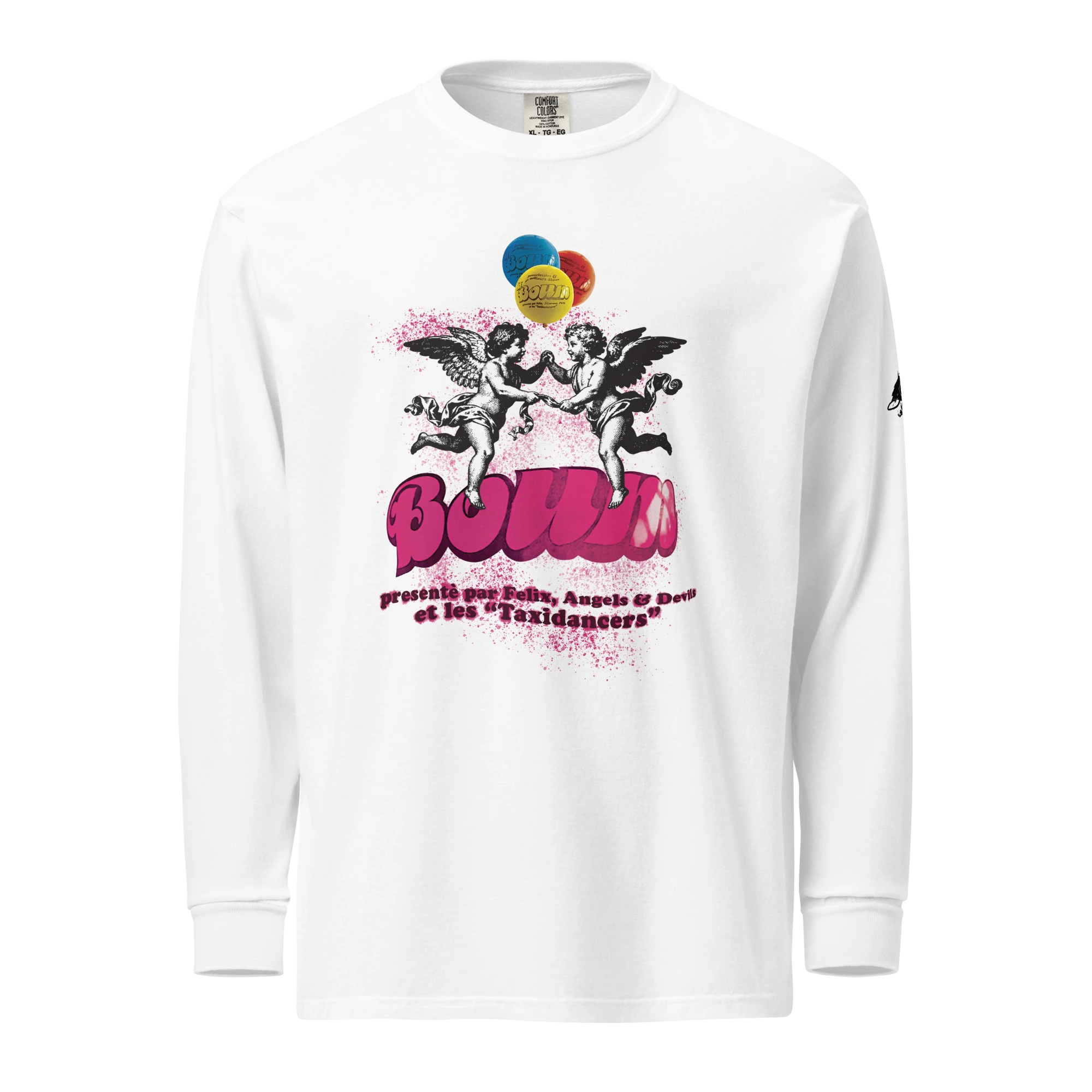 Men's streetwear long sleeve T-shirt featuring pop-style angel graphics, balloon elements, and BOUM lettering; a vibrant, party-inspired design.