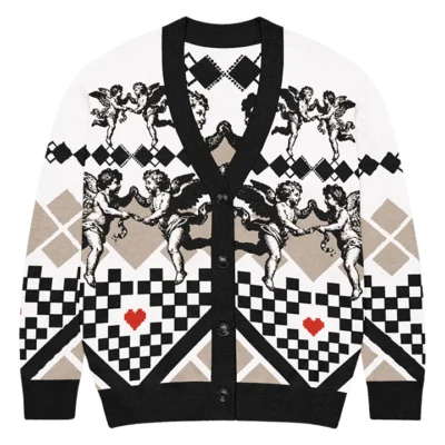 Women's jacquard cardigan with angels and hearts motif, glam streetwear style