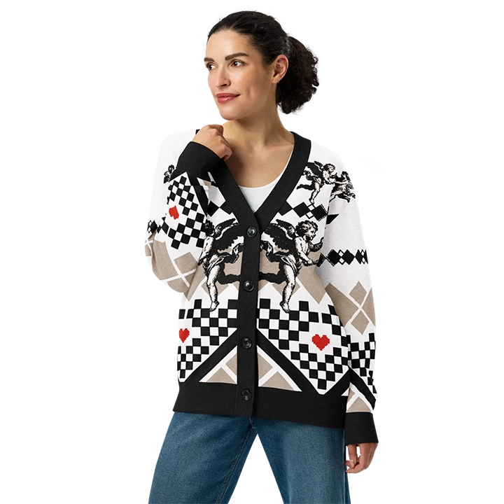 Women's jacquard cardigan with angels and hearts motif, glam streetwear style