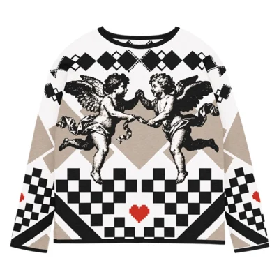 Women’s jacquard sweater with angels and hearts, iconic streetwear glam design, versatile and wearable anywhere.design, versatile and wearable anywhere.
