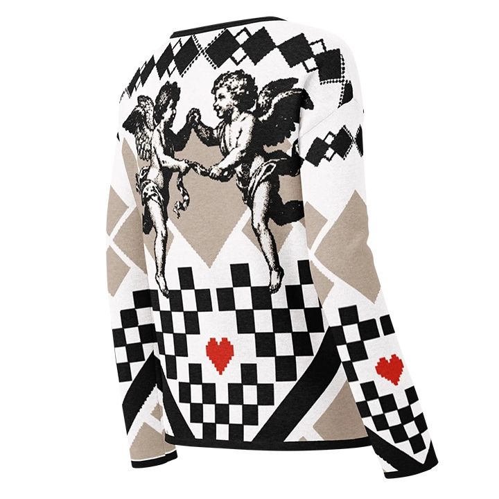 Women’s jacquard sweater with angels and hearts, iconic streetwear glam design, versatile and wearable anywhere.design, versatile and wearable anywhere.