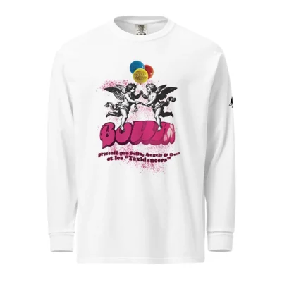 Men's streetwear long sleeve T-shirt featuring pop-style angel graphics, balloon elements, and BOUM lettering; a vibrant, party-inspired design.