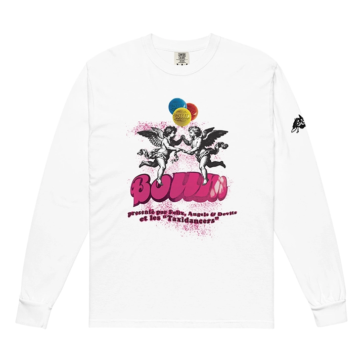 Men's streetwear long sleeve T-shirt featuring pop-style angel graphics, balloon elements, and BOUM lettering; a vibrant, party-inspired design.