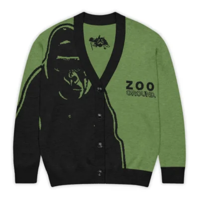 Men's Green Gorilla Zoo Ground Jacquard Cardigan, Glamorous Streetwear Style