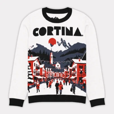 Men's streetwear sweater with vintage-alpine iconography and graphics of skiers on the slopes of Cortina, artistic and original design.