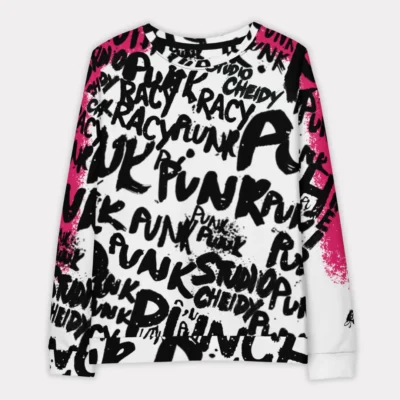 Men's streetwear sweatshirt with fuchsia graphic depicting street writer in action painting style and subtle asymmetry on the left sleeve, inspired by urban punk culture.