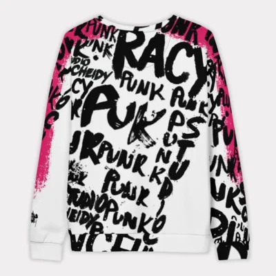 Men's streetwear sweatshirt with fuchsia graphic depicting street writer in action painting style and subtle asymmetry on the left sleeve, inspired by urban punk culture.