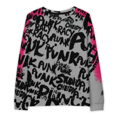 Men's grey streetwear sweatshirt with fuchsia graphic depicting street writer in action painting style and subtle asymmetry on the left sleeve, inspired by urban punk culture.