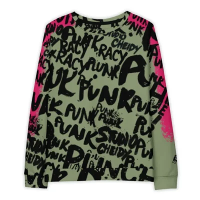 Men's military streetwear sweatshirt with fuchsia graphic depicting street writer in action painting style and subtle asymmetry on the left sleeve, inspired by urban punk culture.