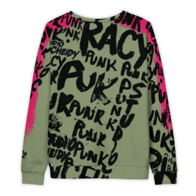 Men's military streetwear sweatshirt with fuchsia graphic depicting street writer in action painting style and subtle asymmetry on the left sleeve, inspired by urban punk culture.