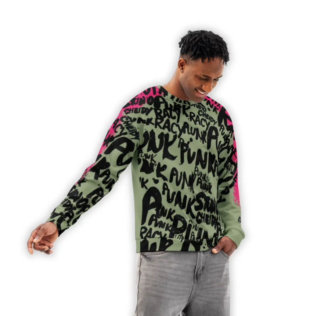 Men's military streetwear sweatshirt with fuchsia graphic depicting street writer in action painting style and subtle asymmetry on the left sleeve, inspired by urban punk culture.