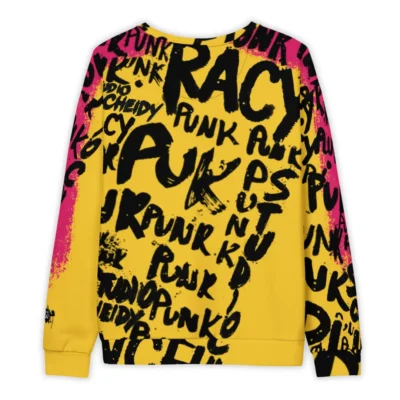 Men's Yellow streetwear sweatshirt with fuchsia graphic depicting street writer in action painting style and subtle asymmetry on the left sleeve, inspired by urban punk culture.