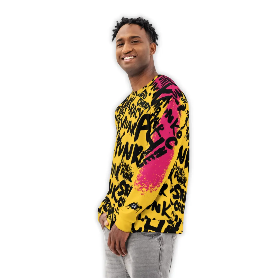 Men's Yellow streetwear sweatshirt with fuchsia graphic depicting street writer in action painting style and subtle asymmetry on the left sleeve, inspired by urban punk culture.