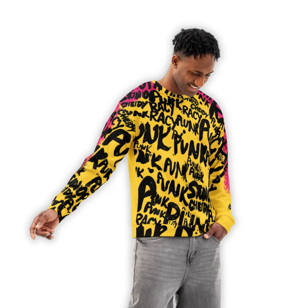 Men's Yellow streetwear sweatshirt with fuchsia graphic depicting street writer in action painting style and subtle asymmetry on the left sleeve, inspired by urban punk culture.