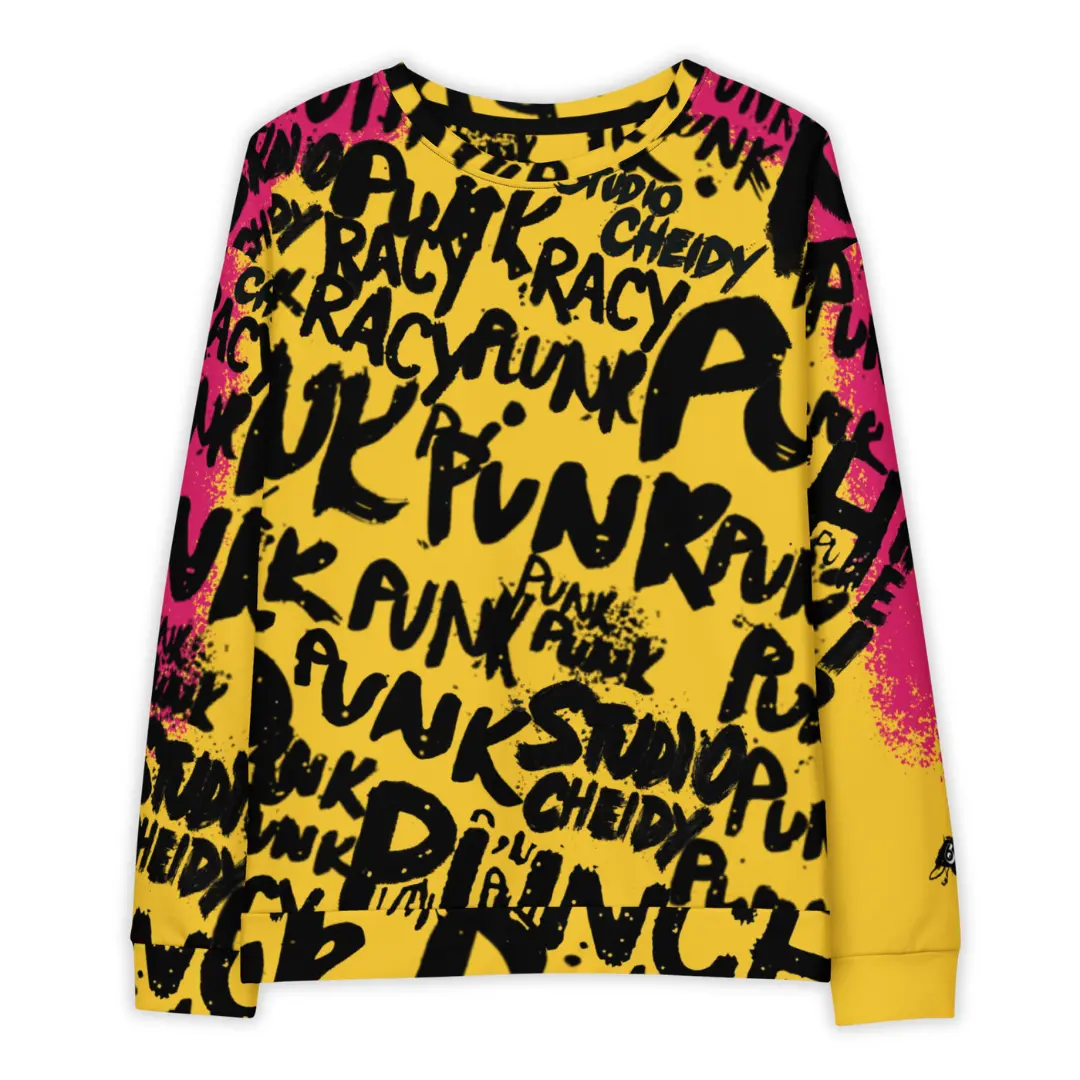 Men's Yellow streetwear sweatshirt with fuchsia graphic depicting street writer in action painting style and subtle asymmetry on the left sleeve, inspired by urban punk culture.
