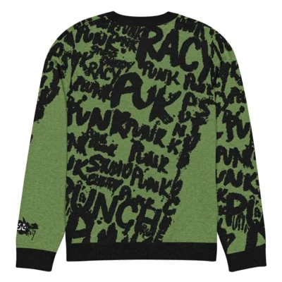 Women’s streetwear sweater with street-punk lettering and overlapping angel graphics, artistic and original design