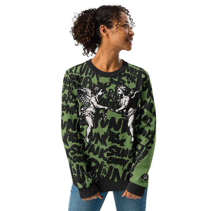 Women’s streetwear sweater with street-punk lettering and overlapping angel graphics, artistic and original design
