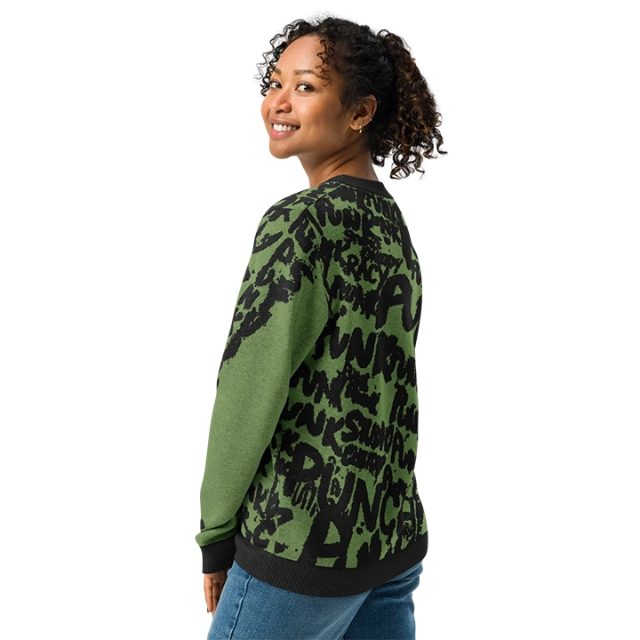 Women’s streetwear sweater with street-punk lettering and overlapping angel graphics, artistic and original design