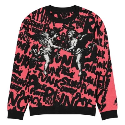 Women’s streetwear sweater with street-punk lettering and overlapping angel graphics, artistic and original design