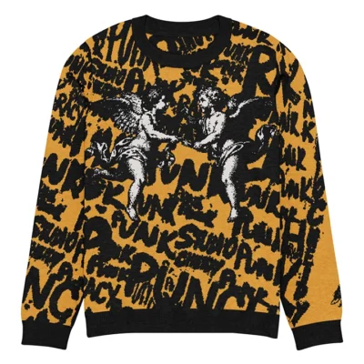 Men’s streetwear sweater yellow with street-punk lettering and overlapping angel graphics, artistic and original design