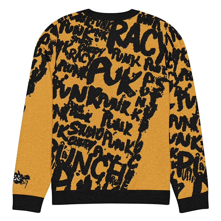 Women’s streetwear sweater with street-punk lettering and overlapping angel graphics, artistic and original design