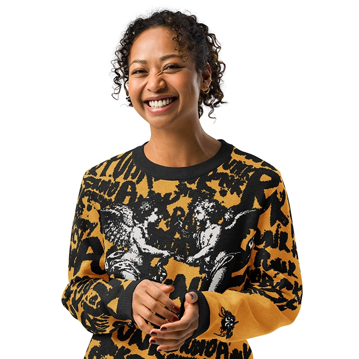 Women’s streetwear sweater with street-punk lettering and overlapping angel graphics, artistic and original design