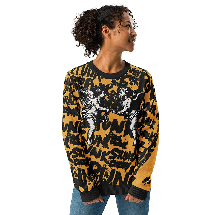 Women’s streetwear sweater with street-punk lettering and overlapping angel graphics, artistic and original design