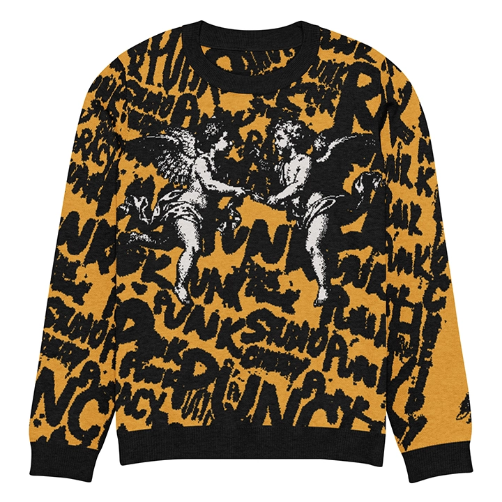 Women’s streetwear sweater with street-punk lettering and overlapping angel graphics, artistic and original design