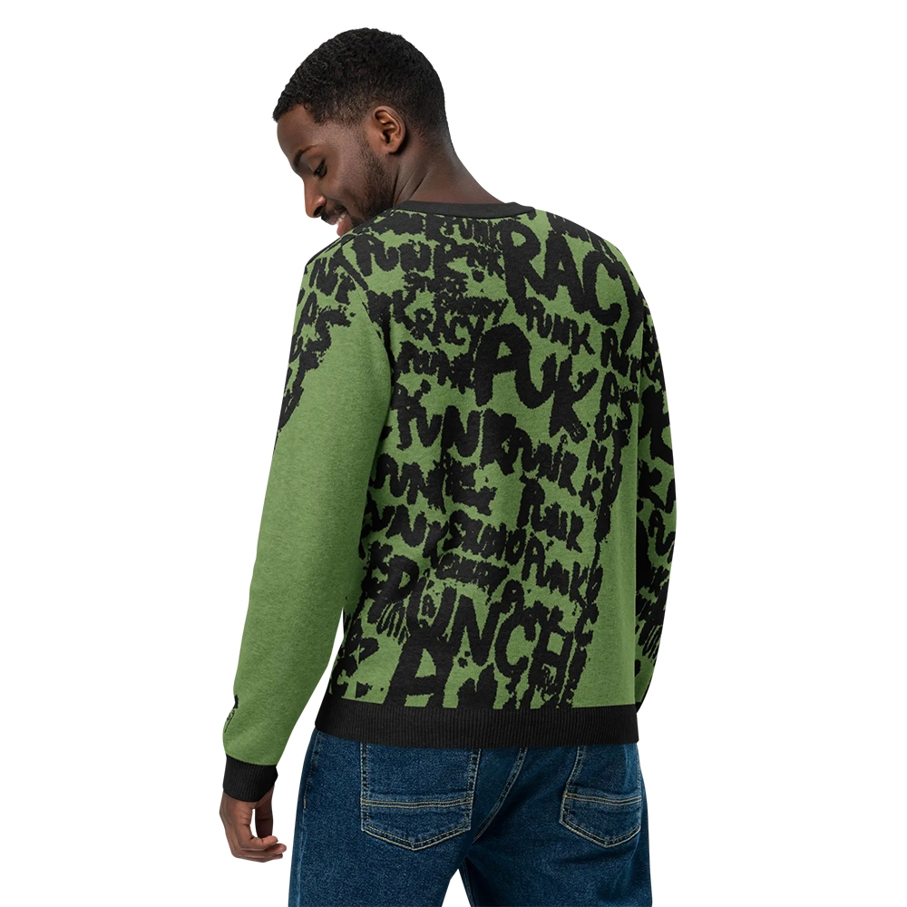 Men’s streetwear sweater with street-punk lettering and overlapping angel graphics, artistic and original design
