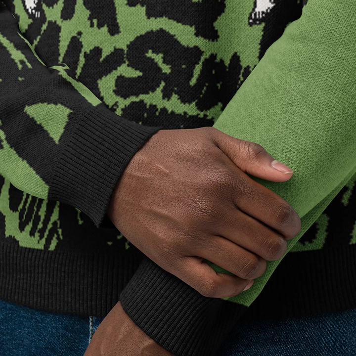 Men’s streetwear sweater with street-punk lettering and overlapping angel graphics, artistic and original design