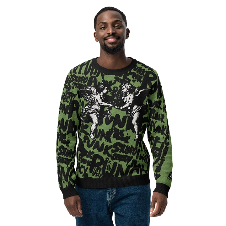 Men’s streetwear sweater with street-punk lettering and overlapping angel graphics, artistic and original design