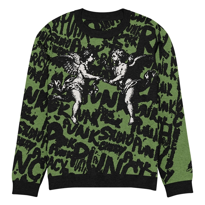 Men’s streetwear sweater with street-punk lettering and overlapping angel graphics, artistic and original design