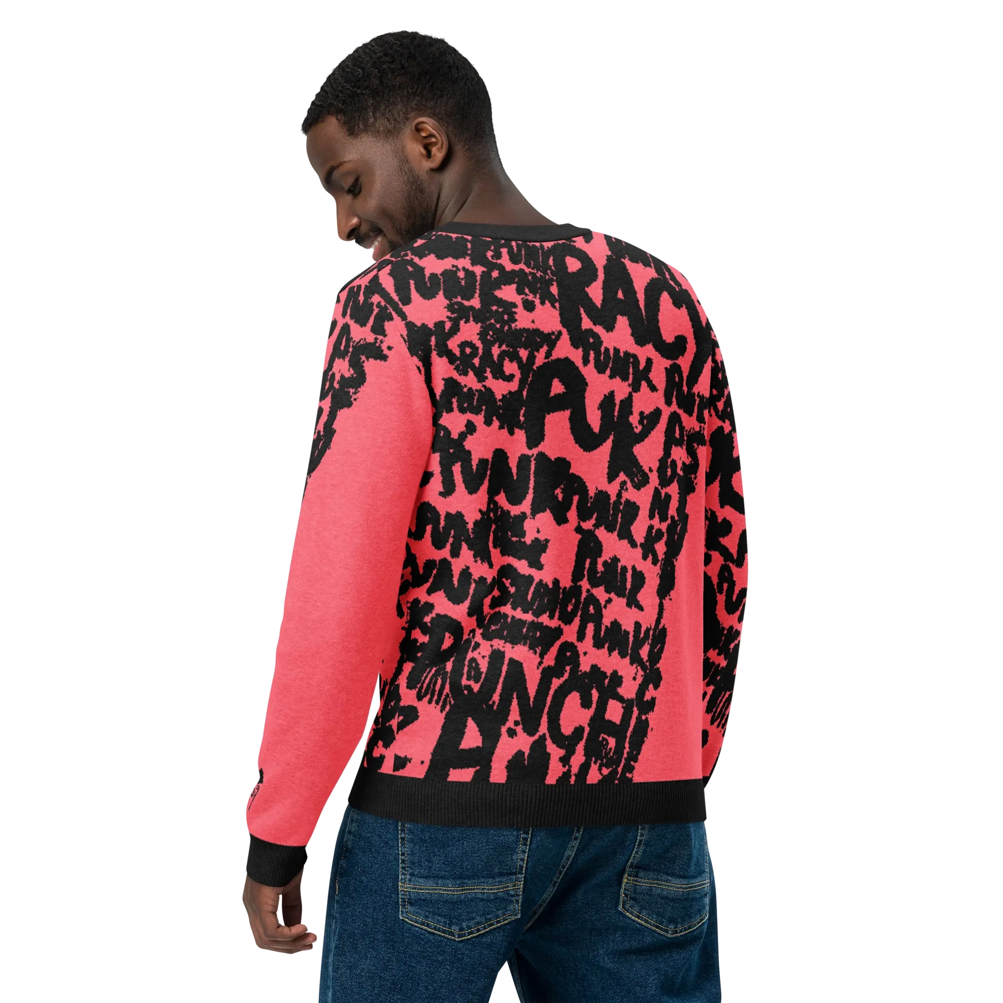 Men’s streetwear sweater with street-punk lettering and overlapping angel graphics, artistic and original design