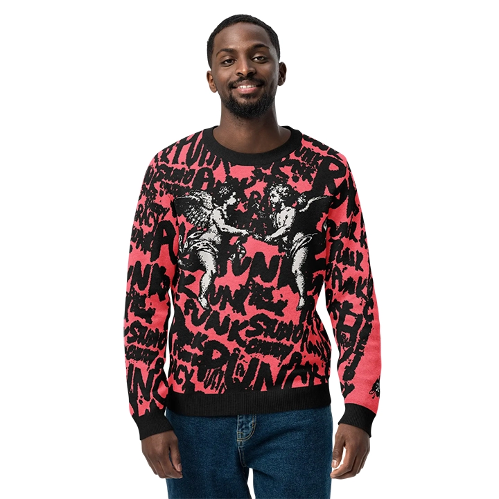 Men’s streetwear sweater with street-punk lettering and overlapping angel graphics, artistic and original design