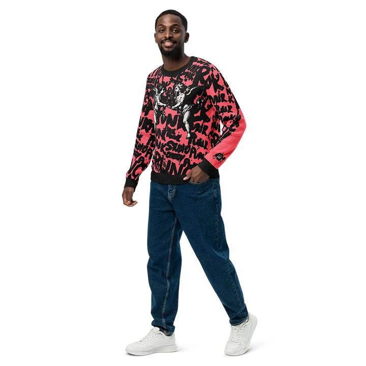 Men’s streetwear sweater with street-punk lettering and overlapping angel graphics, artistic and original design