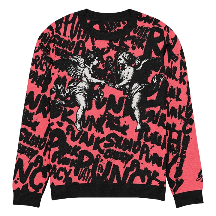 Men’s streetwear sweater with street-punk lettering and overlapping angel graphics, artistic and original design