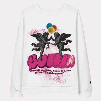 Women’s streetwear sweatshirt with pop-style angel graphics, balloon elements, and BOUM lettering; vibrant party-inspired design.