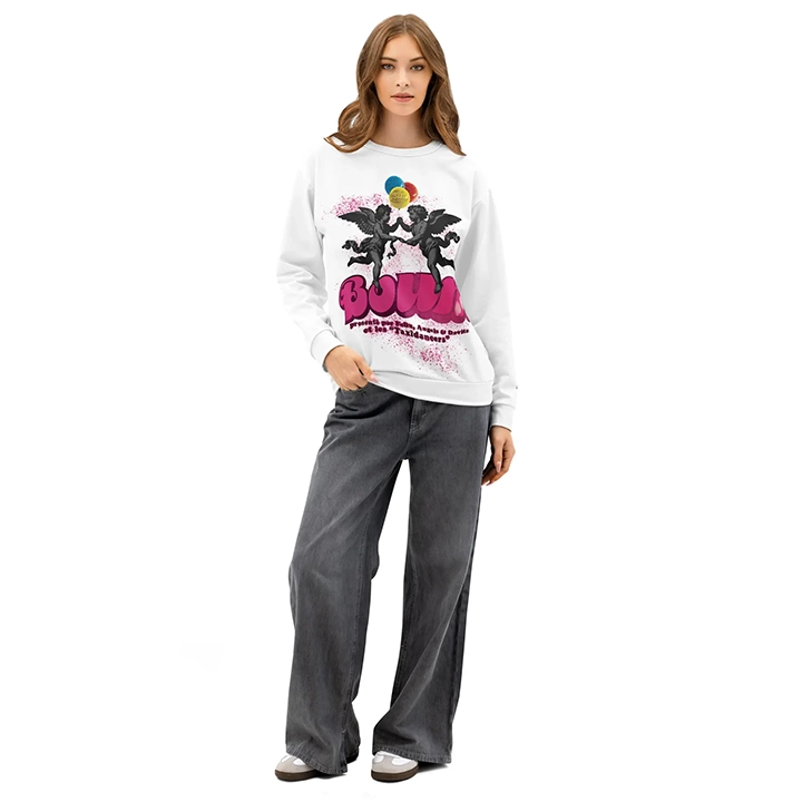 Women’s streetwear sweatshirt with pop-style angel graphics, balloon elements, and BOUM lettering; vibrant party-inspired design.