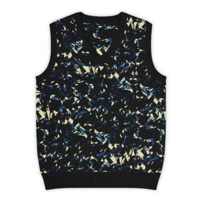 Men's knitted V-neck vest featuring an all-over Crystal Blue print. A bold and distinctive piece, perfect for a glam contemporary streetwear style.
