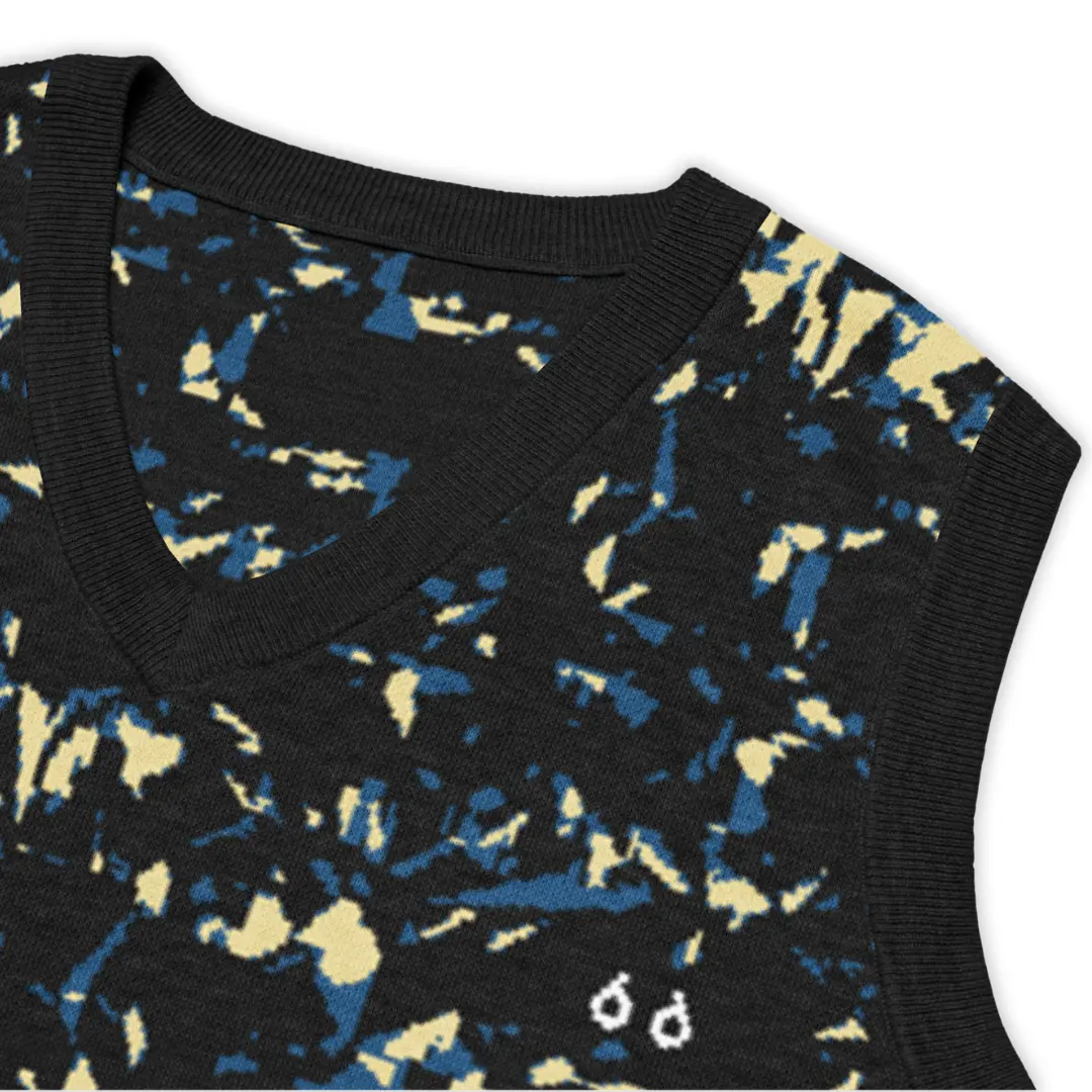 Men's knitted V-neck vest featuring an all-over Crystal Blue print. A bold and distinctive piece, perfect for a glam contemporary streetwear style.