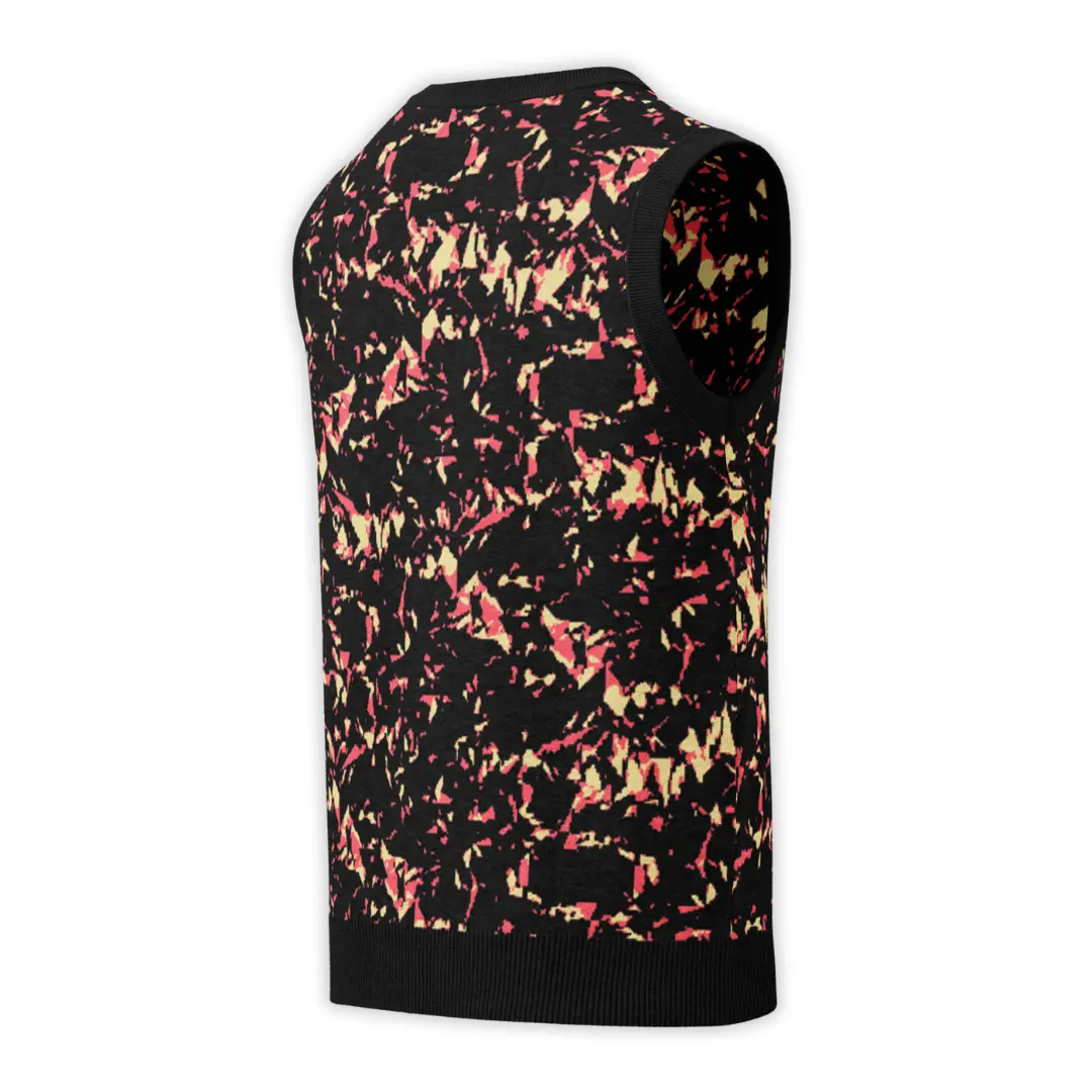 Men's knitted V-neck vest featuring an all-over Crystal Pink print. A bold and distinctive piece, perfect for a glam contemporary streetwear style.