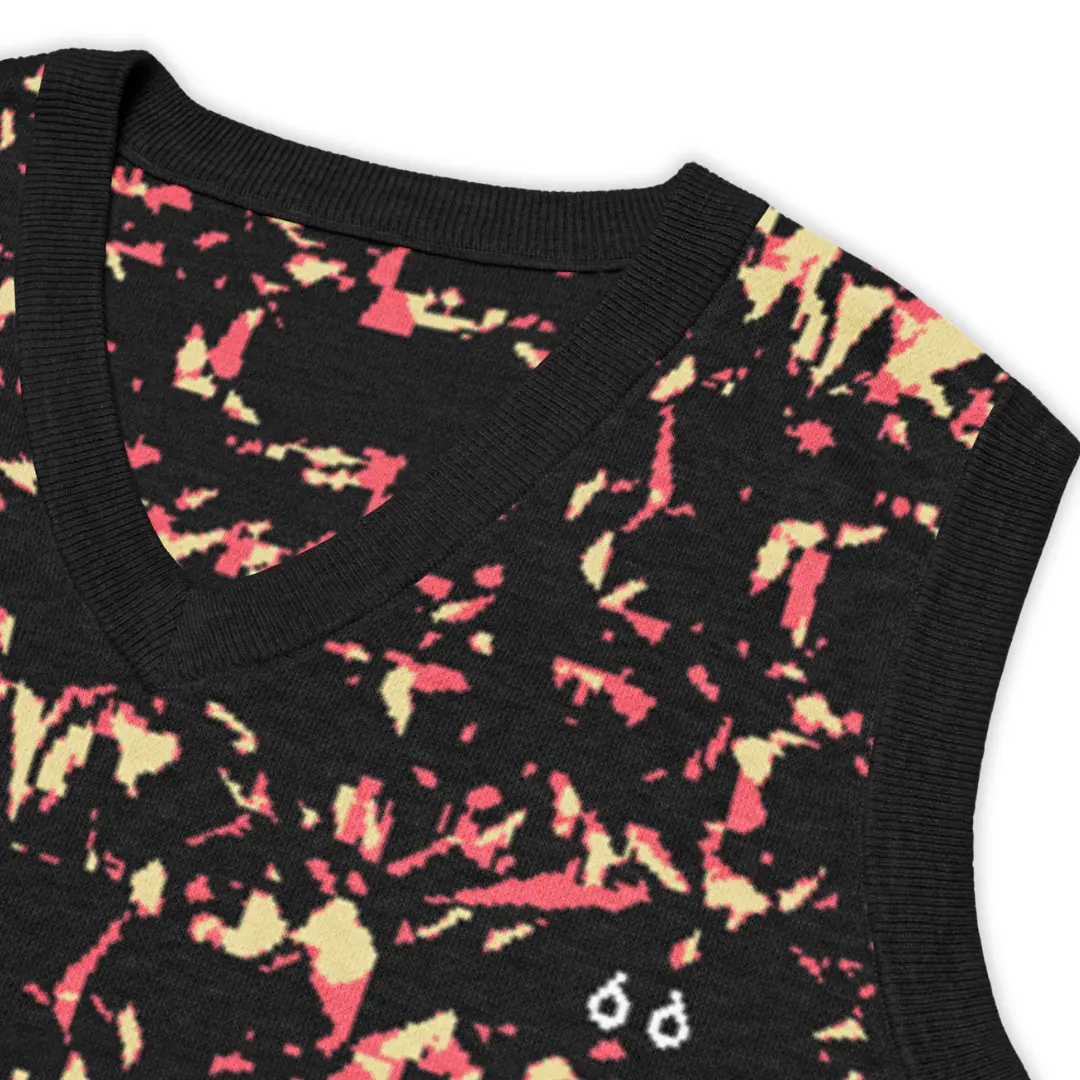 Men's knitted V-neck vest featuring an all-over Crystal Pink print. A bold and distinctive piece, perfect for a glam contemporary streetwear style.