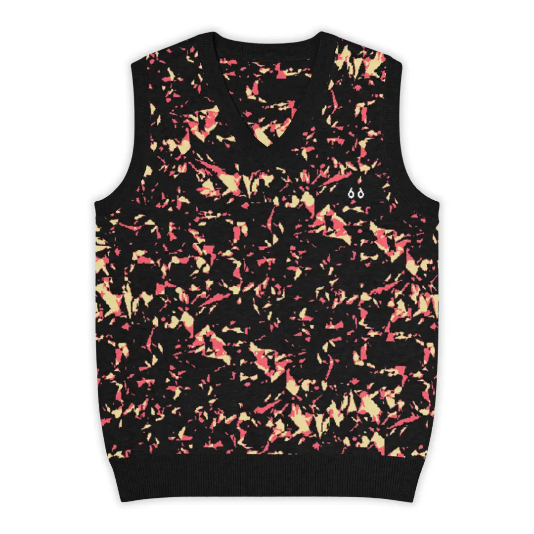 Men's knitted V-neck vest featuring an all-over Crystal Pink print. A bold and distinctive piece, perfect for a glam contemporary streetwear style.