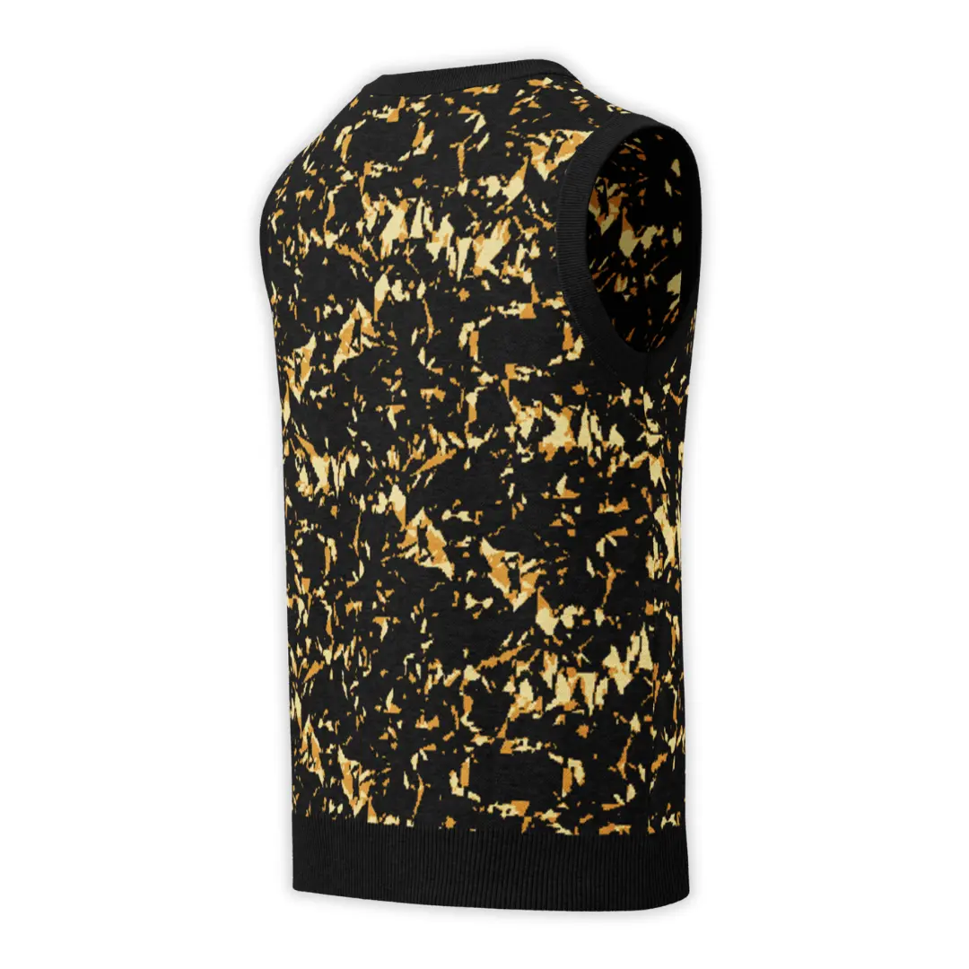 Men's knitted V-neck vest featuring an all-over Crystal Yellow print. A bold and distinctive piece, perfect for a glam contemporary streetwear style.